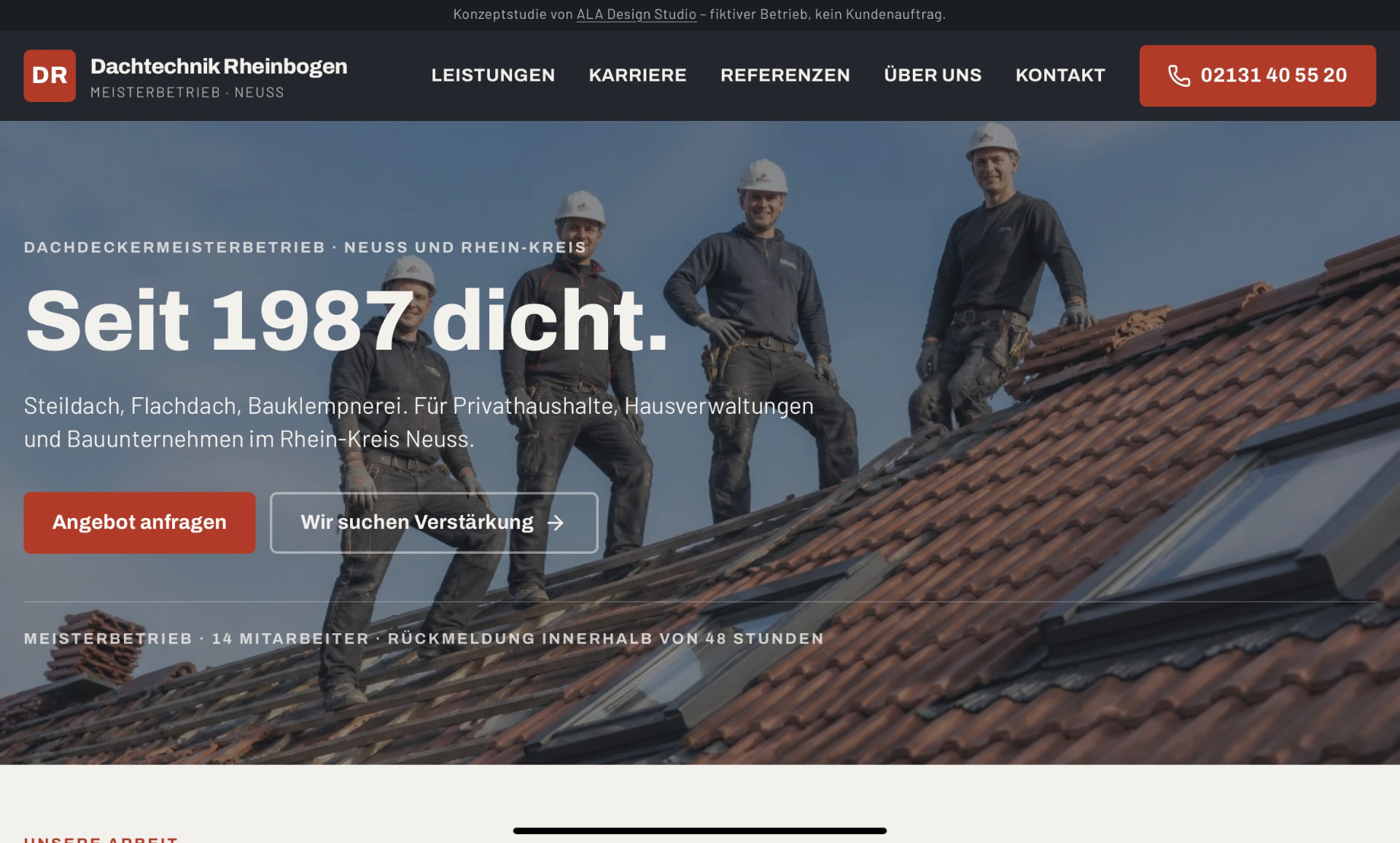Startseite der Konzeptstudie Dachtechnik Rheinbogen am Desktop