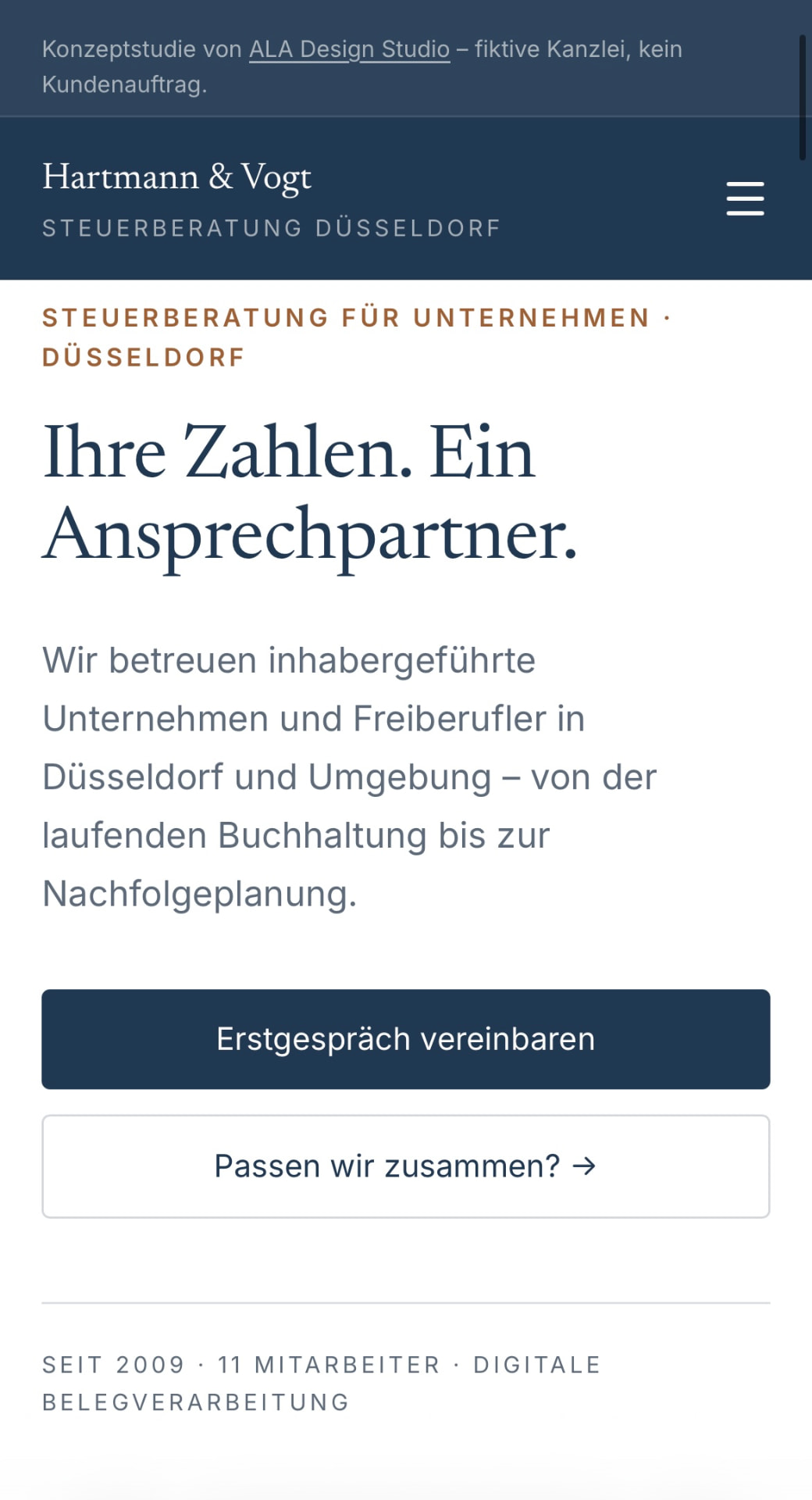 Startseite der Konzeptstudie Kanzlei Hartmann & Vogt auf dem Smartphone