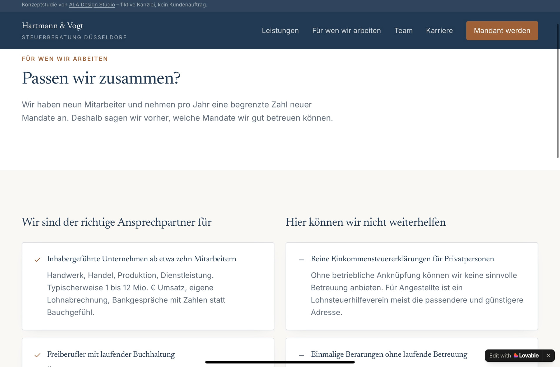 Seite „Für wen wir arbeiten“ der Konzeptstudie Kanzlei Hartmann & Vogt