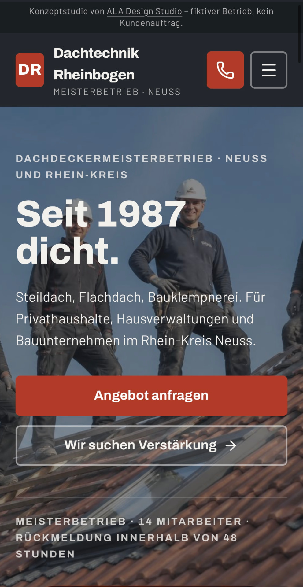 Startseite der Konzeptstudie Dachtechnik Rheinbogen auf dem Smartphone