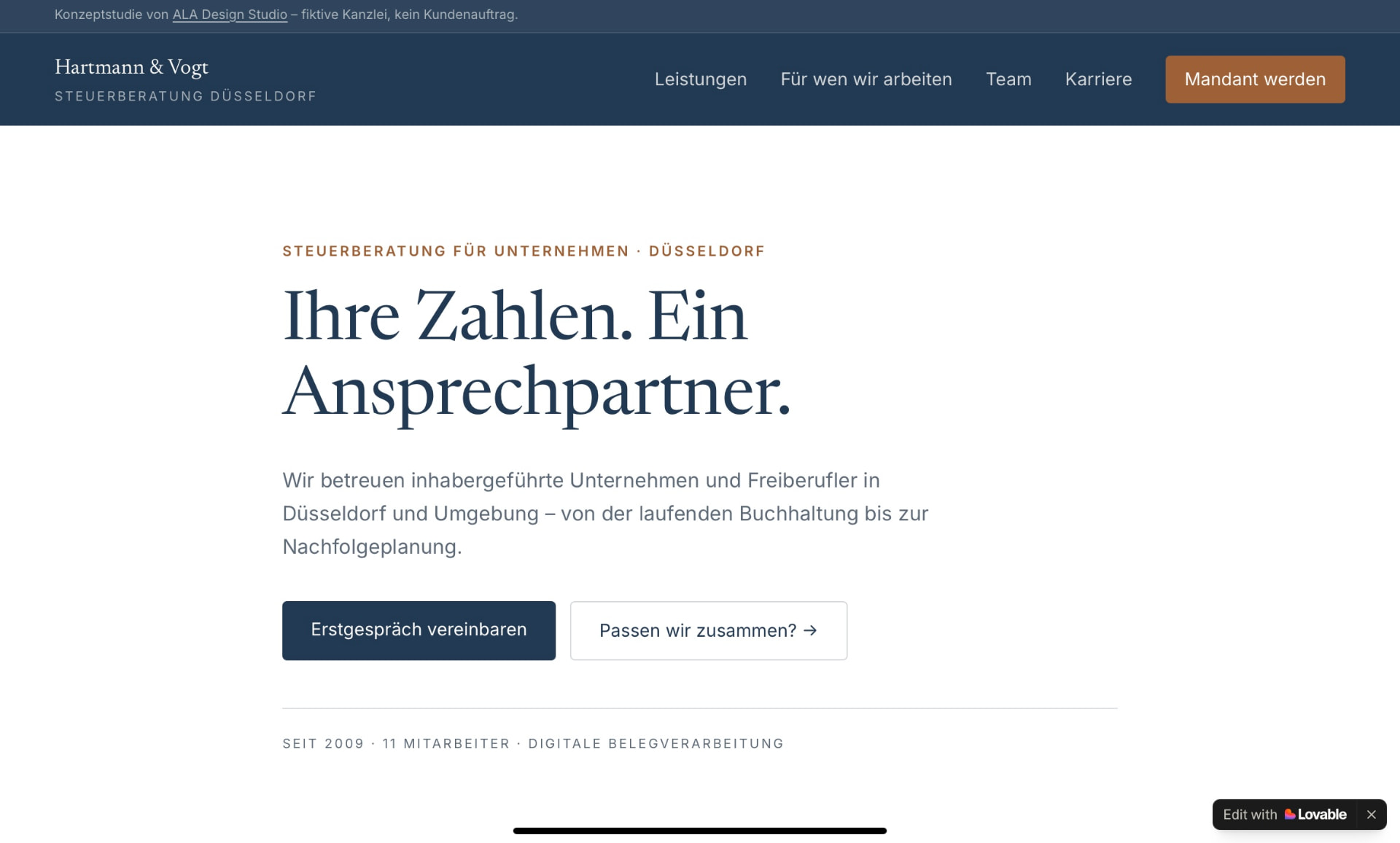 Startseite der Konzeptstudie Kanzlei Hartmann & Vogt am Desktop