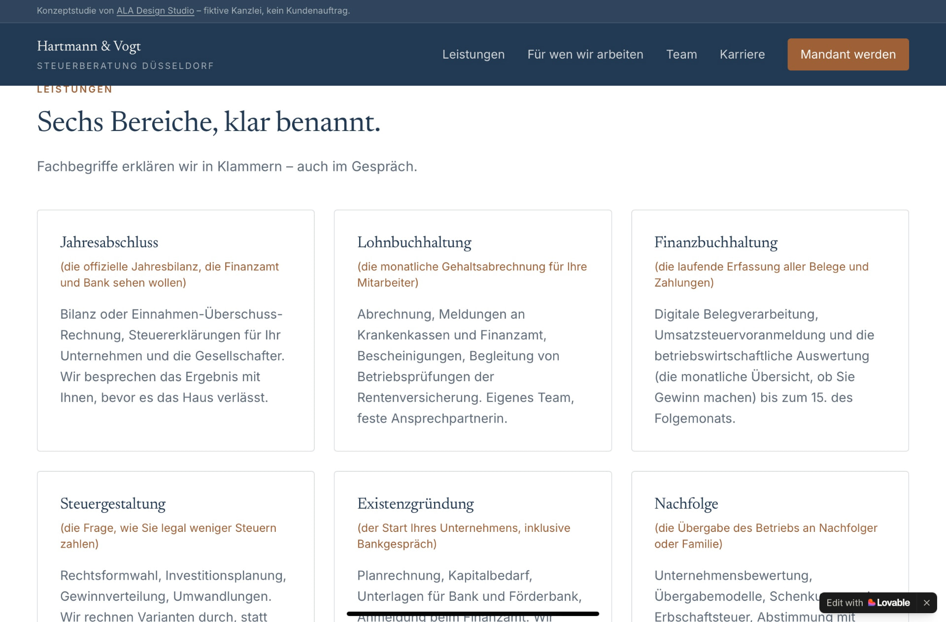 Leistungsübersicht der Konzeptstudie Kanzlei Hartmann & Vogt im Detail